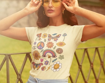 Retro 70s Tshirt Flower Butterfly Mushroom Peace Sign Sunflower Rainbow Indie Psychedelic Hippie Aesthetic Cute Trendy 1970s Groovy Shirt