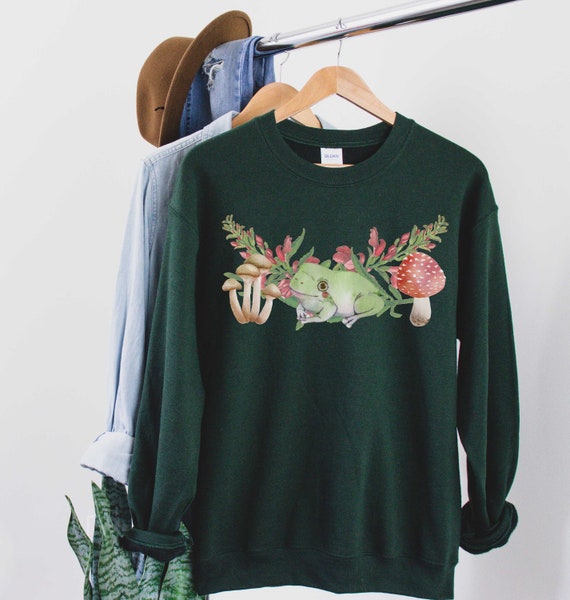 Frog and Mushroom Sweatshirt, Botanical Cottagecore Mori Kei Clothing
