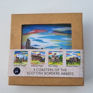 Pack of 4 Coasters, Scottish border Abbeys, (Kelso, Melrose, Dryburgh, Jedburgh)