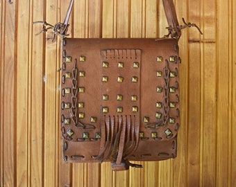 Bolso de cuero genuino vintage, bolso de cuero genuino marrón, bolso de cuero, bolso de cuero de hombro retro, bolso hecho a mano de cuero genuino antiguo, década de 1960