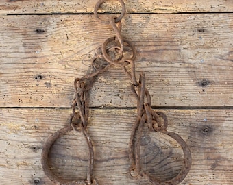 Antique Forged Iron Animal Shackles: 19th Century Farm Decor