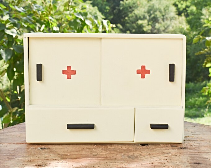 Vintage First Aid Kit, Wooden Medicine Hanging Medical