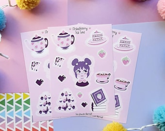 Tea time sticker sheet, Adorable strawberry stickers, Gifts, Waterproof Matte Vinyl Stickers for Planners, Craft Supplies, Scrapbooking