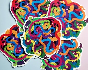 Worm on string sticker, Cuddle Pile, Rainbow Worms stationery for bullet journal, planner, laptops, party favours, goodie bags, gift idea