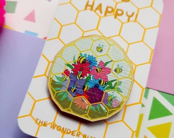 Wooden badge, bumble bee pin, save the bees, bee hive, tararium, flowers, printed wooden accessories, lapel, stocking stuffer, gift idea