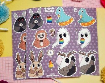Cryptid stickers, snacks, cute cryptids, kawaii stationery, scrapbooking, lore, moth man, big foot, geeky gifts, present ideas, gifts ideas.
