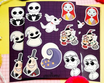 Nightmare Before Christmas themed sticker sheet, cute Jack Skelington stickers, Matte vinyl stickers, Halloween, nerdy gifts, goth gifts,