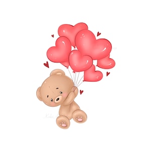 Ours en peluche PNG, clipart de la Saint-Valentin, carte postale de la Saint-Valentin, clipart d'amour d'ours en peluche, ours en peluche avec des ballons, impression de vêtements pour enfants