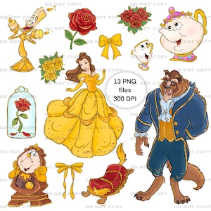 Tutte le clipart png della principessa, clipart della bella e la bestia ad acquerello, illustrazione del regno magico, design della maglietta di Belle, design della maglietta della principessa
