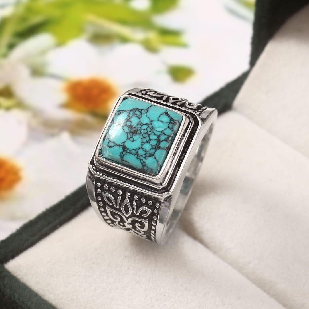 Turquoise Signet Ring for Men | 925 Sterling Silver Square Vintage Boho ...