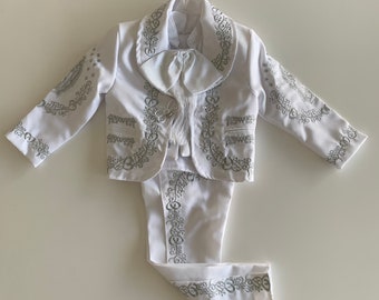 Charro suit 6 pieces Virgen de Guadalupe baptism white/silver boy l Mariachi suit l Handmade l Christening Gown l Baptism