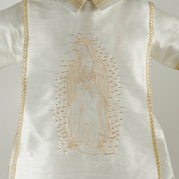 Baby boy christening gown with Virgen de Guadalupe embroidery