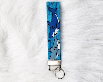 Wristlet Keychain - Fabric Key Fob Key Chain - Keychain Wristlet -Short Lanyard for Keys - Womens Keychain - Wrist Lanyard Shark Print SMALL