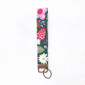 Wristlet Keychain - Fabric Key Fob Key Chain - Keychain Wristlet - Short Lanyard for Keys - Wrist Lanyard - Woodlands Mushroom Print