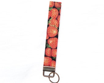 Strawberry Print Wristlet Keychain: Fabric Key Fob with Antique Copper Hardware