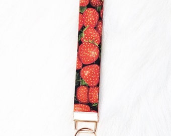 Wristlet Keychain - Fabric Key Fob Key Chain - Keychain Wristlet -Short Lanyard for Keys - Wrist Lanyard - Strawberry Print