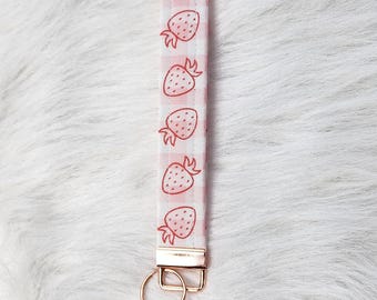 Wristlet Keychain - Fabric Key Fob Key Chain - Keychain Wristlet -Short Lanyard for Keys - Wrist Lanyard - Strawberry Print