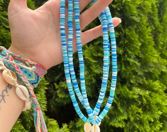 Blue sea shell necklace/ beaded shell necklace