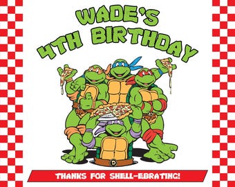 May include: A birthday party invitation featuring the Teenage Mutant Ninja Turtles. The invitation is red and white checkered with the text "Wade's 4th Birthday" in green and blue. The Ninja Turtles are eating pizza and the text "Thanks for Shell-ebrating!" is at the bottom.