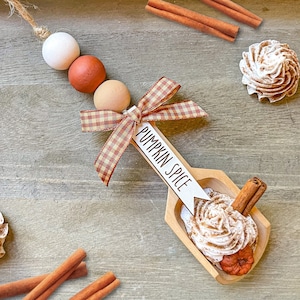 Pumpkin spice faux whip mini wood scoop bead garland for tier tray, fall decor, rae Dunn canister, halloween party