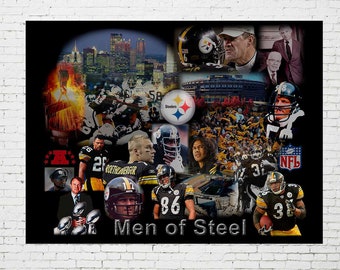 May include: A collage of images featuring Pittsburgh Steelers players and coaches. The collage includes a black and yellow Steelers logo, the words "Men of Steel", and a variety of images of players in action. The collage is set against a black background.