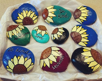 Hand Painted Sunflower Rocks | Custom Floral Kindness Stones