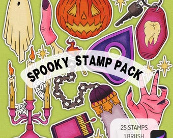 Pack de pinceaux pour tampons effrayants Procreate : dessins au format PNG d'Halloween