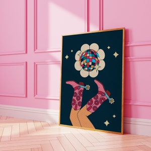 Disco Cowgirl, Bar Cart Art, Affiche Cowgirl, Indie Room Decor, Preppy Room Decor, Hippie Poster, Disco ball print, Western Wall Art
