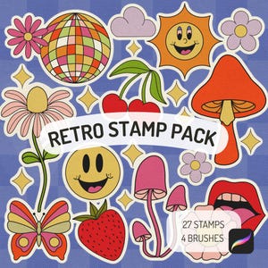 Retro 70s Procreate Stamps: Flower, Mushroom, Checkered (Digital Download)