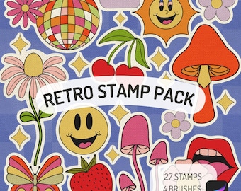 Retro 70s Procreate Stamps: Flower, Mushroom, Checkered (Digital Download)