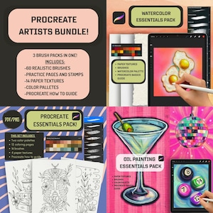 May include: Digital art bundle for Procreate artists. Includes brush packs, paper textures, color palettes, and guides. The image features a tablet with digital art, a martini, and a disco ball. The text reads "Procreate Artists Bundle!"