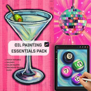 Op de afbeelding: Digitaal kunstpakket met een martini, discobal en biljartballen op een roze gestreepte achtergrond. De tekst "OIL PAINTING ESSENTIALS PACK" wordt weergegeven, met inbegrepen functies: papiert textures, penselen, kleurenpalet en een Procreate basisgids.