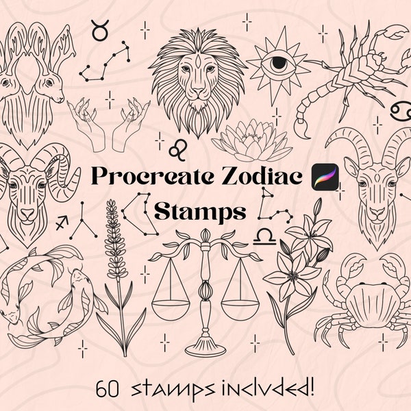 Zodiac Procreate Stamps, Astrology Procreate Stamps, Tattoo Procreate brushes, Tattoo Flash, Procreate Brush Pack, Procreate Stamps Pack