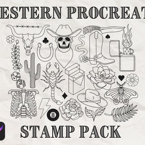 Western Procreate Stamps,  Cowboy Procreate Bundle, Tattoo Procreate Brushes, Cowboy Clipart, Procreate Flower Brushes, Procreate Stamp Pack