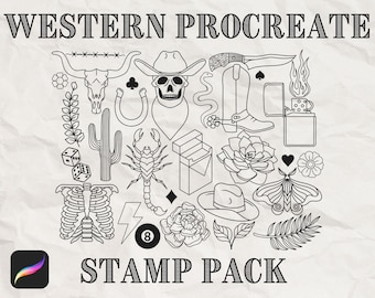 Western Procreate Stamps: Cowboy Tattoo Brushes Bundle (Digital Download)