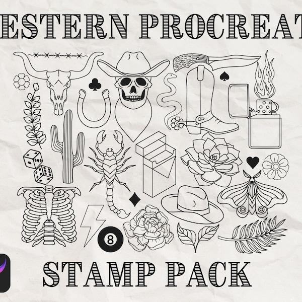 Western Procreate Stamps,  Cowboy Procreate Bundle, Tattoo Procreate Brushes, Cowboy Clipart, Procreate Flower Brushes, Procreate Stamp Pack