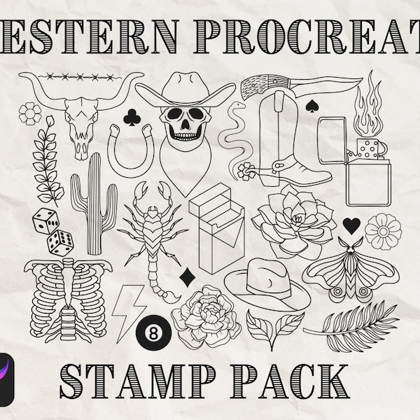 Tampons western procréer, lot Cowboy procréer, pinceaux tatouage procréer, clipart cow-boy, pinceaux fleur procréer, lot de tampons procréer