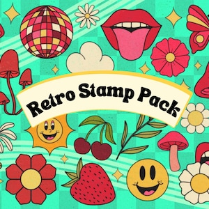 Pinceles de sellos retro para Procreate, paquete de pinceles Groovy para Procreate, pinceles de flores de los años 70 para Procreate, pinceles con patrones a cuadros para Procreate, paquete de flores