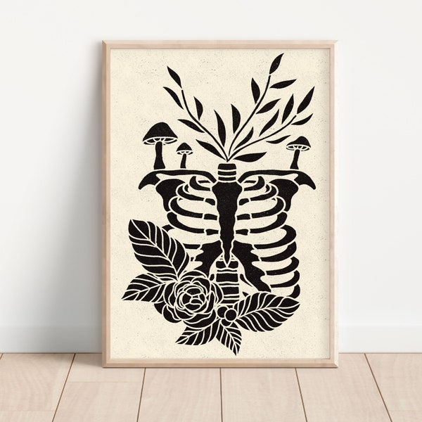 Lino cut Print, Skeleton Poster, Floral Anatomy Art, Anatomy Poster, Tattoo Flash Print, Mushroom Poster, Large Lino Print, Dark Cottagecore