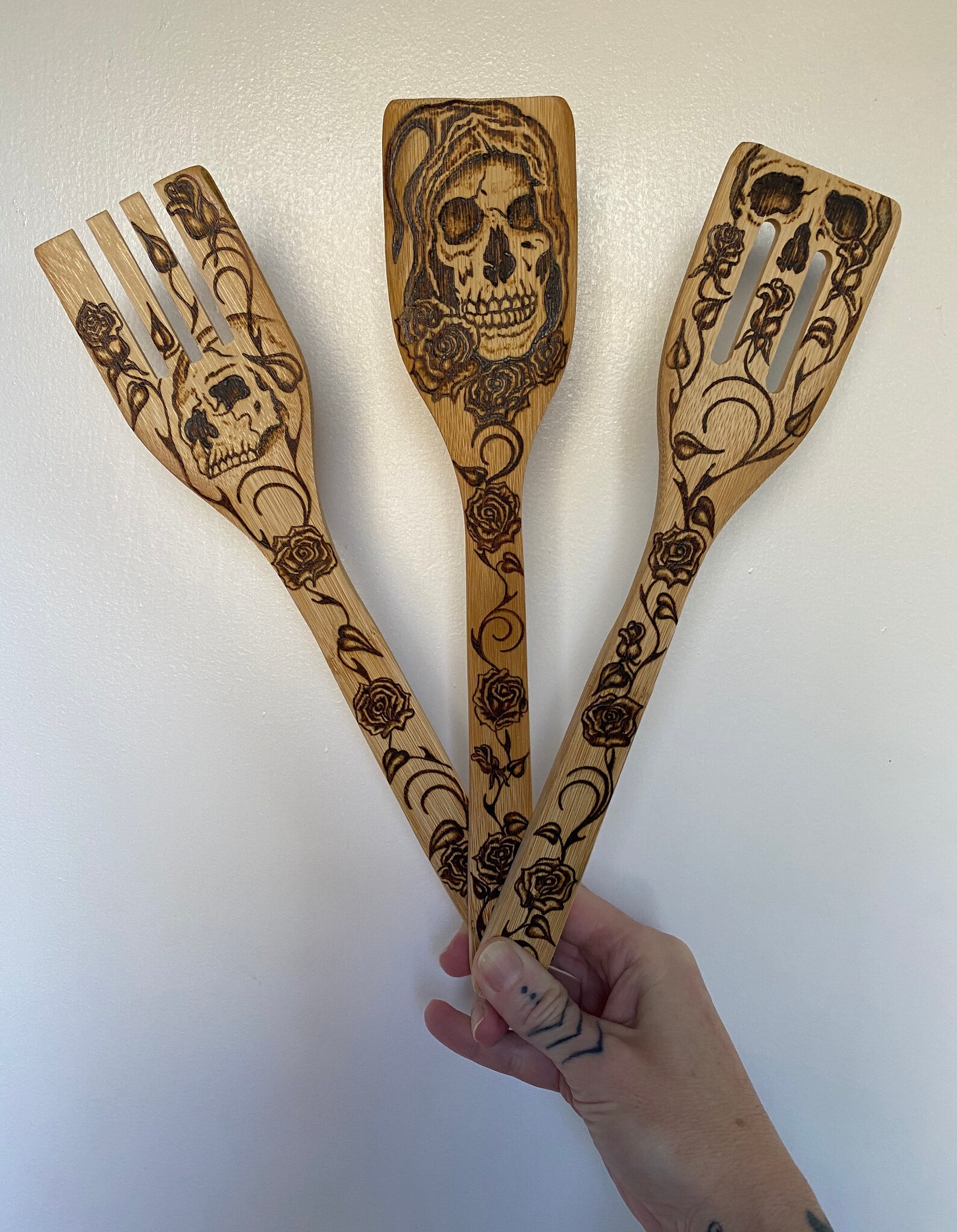Hand Burnt Gothic Grim Reaper Bamboo Kitchen Utensil Set of 3 Etsy