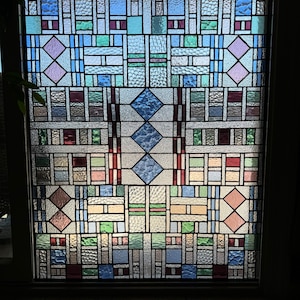 Craftsman Stained Glass Window: Geometric Pastel Hues, Hardwood Frame (41x33)