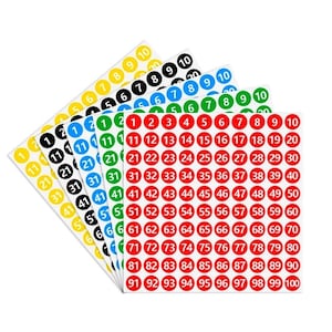 May include: A set of number stickers in various colors, including yellow, black, blue, green, and red. Each sticker features a number from 1 to 100 in a white font, perfect for labeling or organizing items.