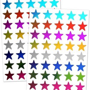 May include: Two sheets of colorful star stickers. The stickers are holographic and come in a variety of colors, including red, blue, green, yellow, purple, and silver.