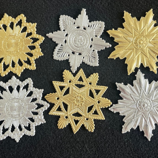 6 Dresden Trim paper German gold silver star snowflake medallions German paper lace die-cut Christmas craft
