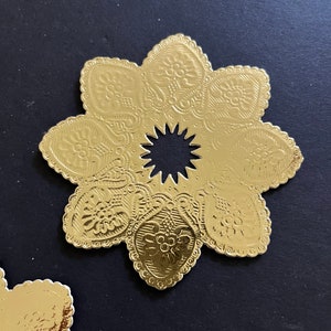 4 GOLD Christmas Dresden Trim Large German paper lace DIY starburst medallion candle cuff 3 7/8&quot;