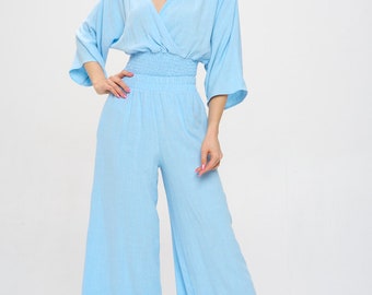 Solid Linen Wide Leg Pants With Pockets