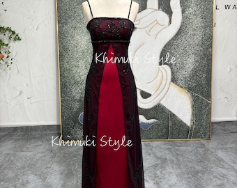 Handmade Beaded Prom Dress,vintage Black and Red Party Dress