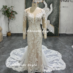 Abito da sposa classico in pizzo a maniche lunghe a sirena, abito da sposa colorato