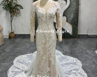 Lace Mermaid Wedding Dress: Long Sleeve Champagne Bridal Gown