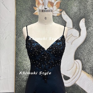Vintage Black and Blue Party Dress，Handmade Beaded Prom Dress